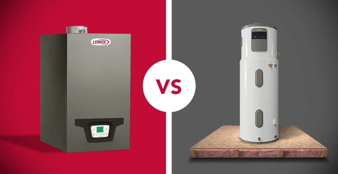 Side-by-side photo of a boiler on a red background and a water heater on a gray background
