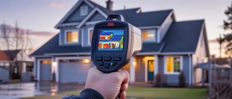 Hand holding a thermal imaging device to perform a home energy audit, showing heat loss patterns on a house exterior