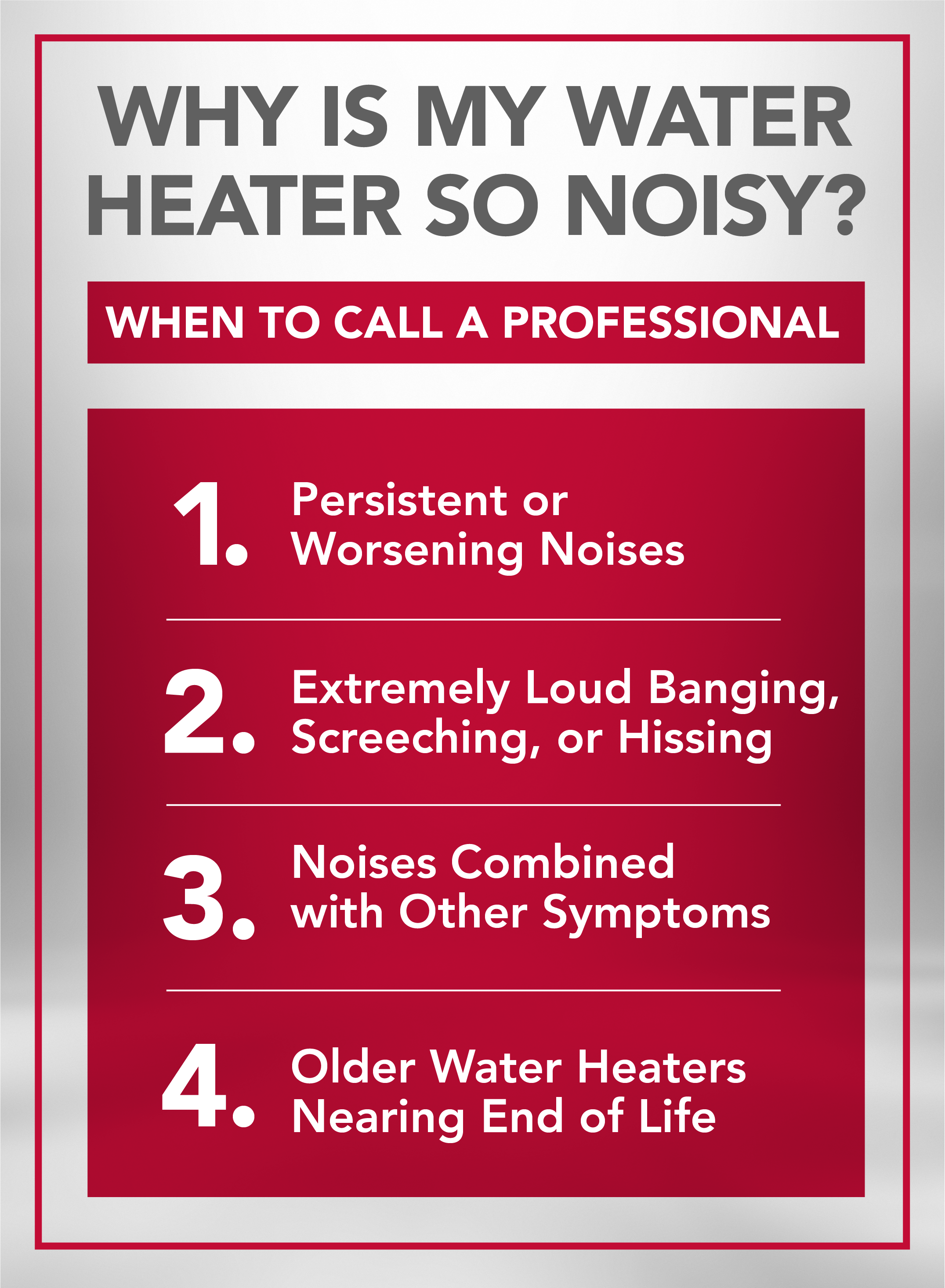 Graphic listing reasons to call a professional for a noisy water heater.webp