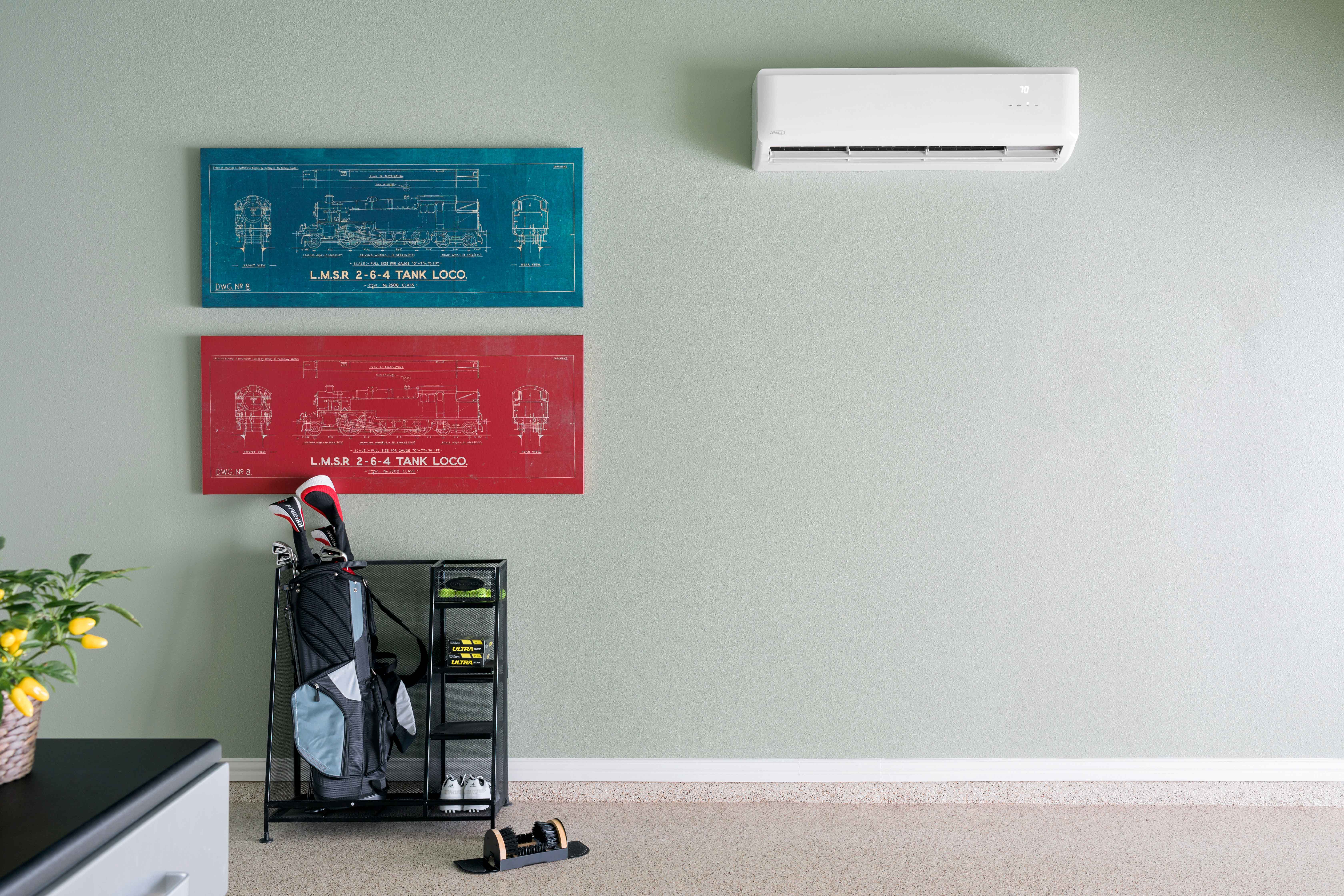 Wall with Golf Clubs and Lennox AC